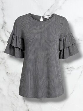 BCBGeneration Grey White Striped Flutter Ruffle Sleeve Summer Dress S